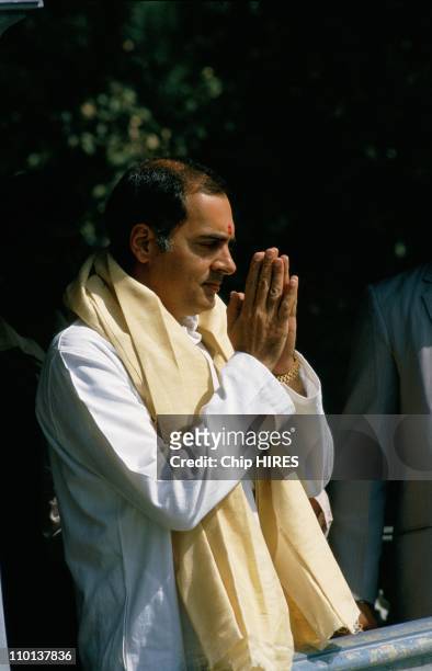 India after Indira Gandhi's death in New Delhi,India in November,1984 - Rajiv Gandhi praying at the funeral urn of his assassinated mother Indira...
