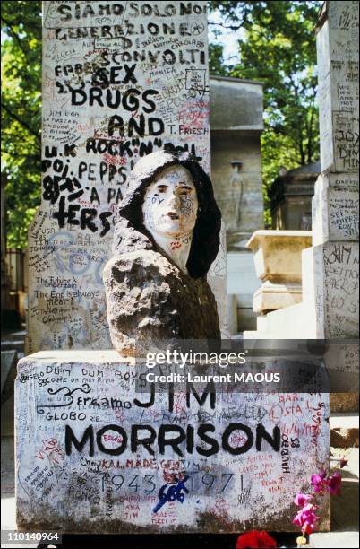 The tomb of Jim Morrison in Paris, France in June, 1985.
