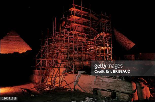 The scaffolding around the sphinx often takes on a super-natural dimension, worthy of the "prisons" of Piranese in Cairo, Egypt on May 01, 1990.