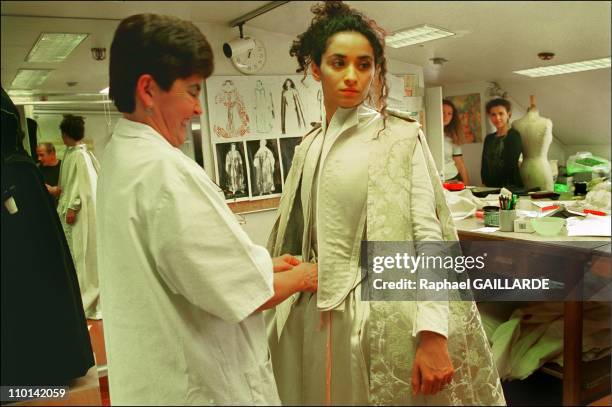 Rachida Brakni, who plays the queen of Spain in Ruy Blas, tries on her dress in the backstage of the 2001 2002 theater Season at the Comedie...