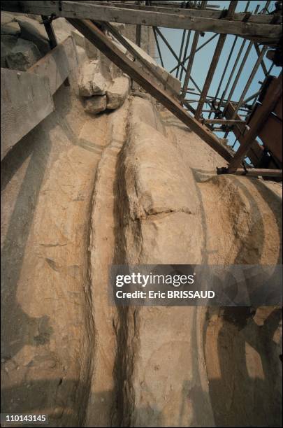 The scaffolding allows restorers and others scientists easy access to all parts of the monument to observe deterioration and analyse causes in Cairo,...