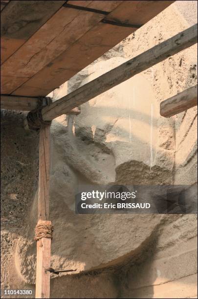 The scaffolding allows restorers and others scientists easy access to all parts of the monument to observe deterioration and analyse causes in Cairo,...