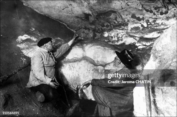 The 50 years of the cave Lascaux in Montignac, France in June, 1990 - L'Abbe Breuil and Count Begouen, prehistory professor at the University of...