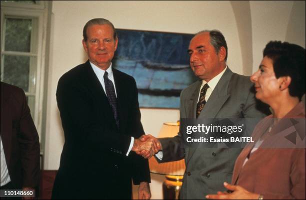 James Baker and the Palestinian leaders Faisal Husseini with Hanan Ashrawi in Jerusalem, Israel on July 21, 1991.