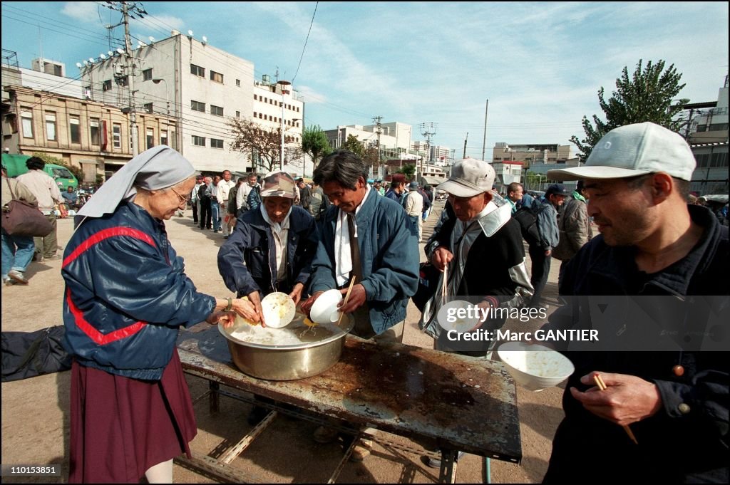 Nuns of Assumption day helping homeless people in Osaka, Japan on March, 2002.