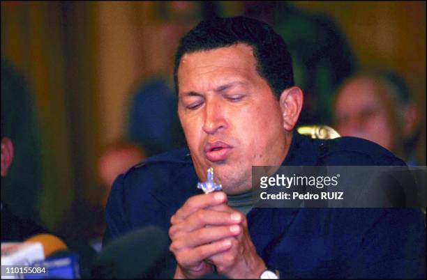 Hugo Chavez returns to palace of Miraflores after spending 48 hours in custody of the military in Caracas, Venezuela on April 13, 2002.