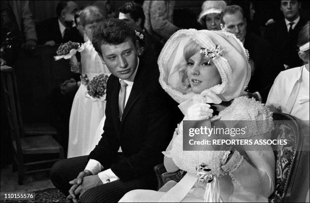 Wedding of Johny Hallyday and Sylvie Vartan in France on April 12, 1965 - Johnny and Sylvie during the religious ceremony.