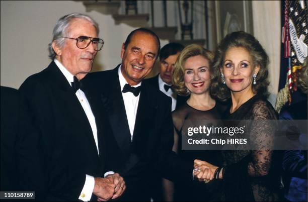 Gregory Peck, Jacques Chirac, Hillary Clinton in Jacques Chirac's trip to USA in Washington, United States on February 02, 1996.