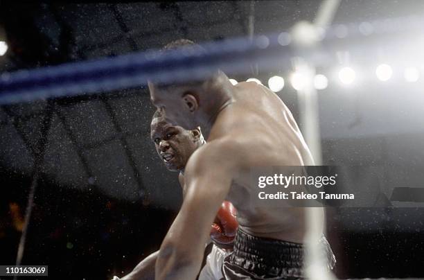 Heavyweight Title: James "Buster" Douglas in action, making knockout punch vs Mike Tyson at Tokyo Dome.Tokyo, Japan 2/11/1990CREDIT: Takeo Tanuma