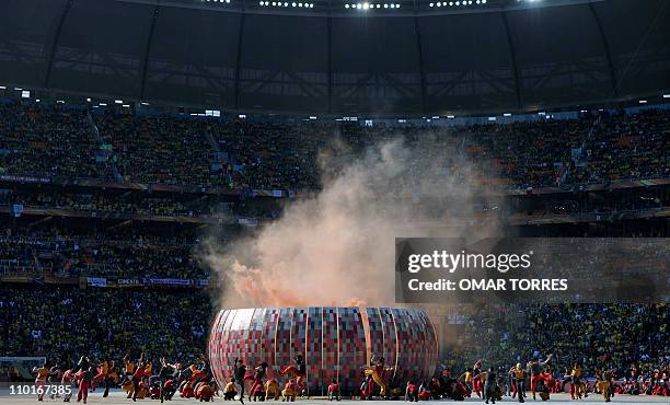 South African dancers perform during the opening ceremony of the 2010 FIFA World Cup on June 11, 2010 at Soccer City stadium in Soweto, suburban...