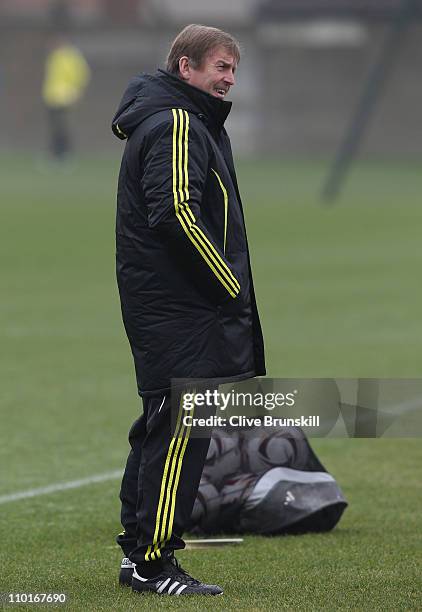 Liverpool manager Kenny Dalglish during a training session ahead of their UEFA Europa League Round of 16 second leg match against Braga at Melwood...