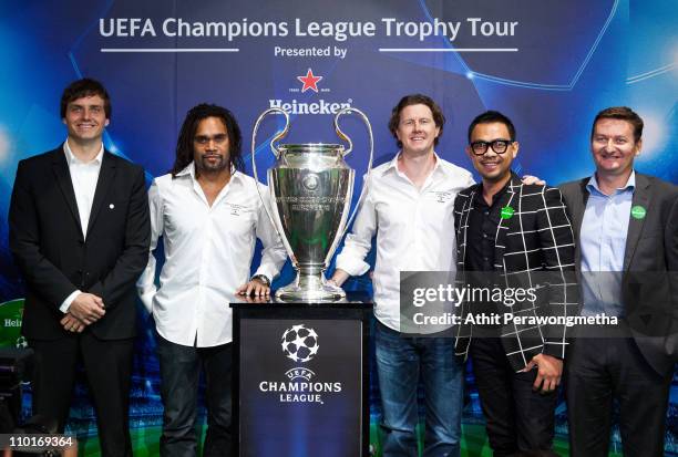 Kimmo Bellmann, UEFA Communications, Christian Karembeu, UEFA Champions League Trophy Tour Ambassador, Steve McManaman, UEFA Champions League Trophy...