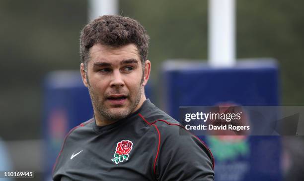 Nick Easter looks on during the England training session held at Pennyhill Park Hotel on March 16, 2011 in Bagshot, England.