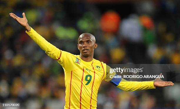 Cameroon's striker Samuel Eto'o gestures during their Group E first round 2010 World Cup football match on June 14, 2010 at Free State stadium in...