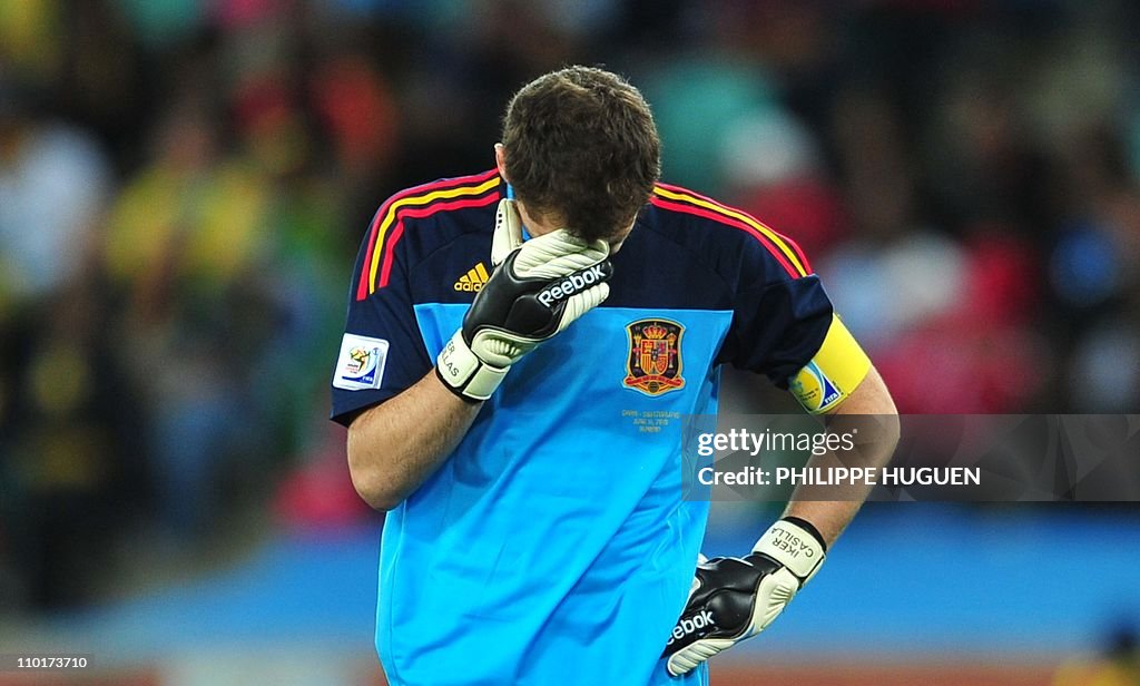 Spain's goalkeeper Iker Casillas reacts