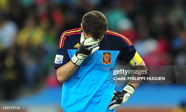 Spain's goalkeeper Iker Casillas reacts during their Group H first round 2010 World Cup football match on June 16, 2010 at Moses Mabhida stadium in...