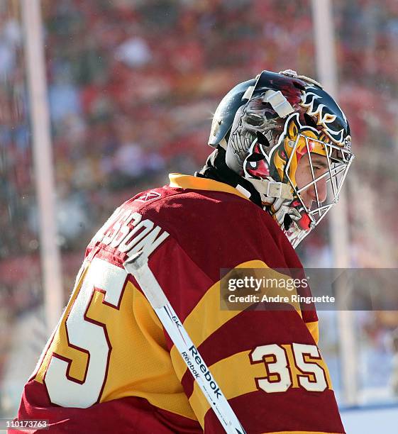 Henrik Karlsson of the Calgary Flames takes part in practice the day before the 2011 NHL Heritage Classic Game at McMahon Stadium on February 20,...