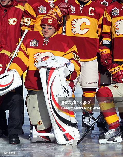 Henrik Karlsson of the Calgary Flames takes part in practice the day before the 2011 NHL Heritage Classic Game at McMahon Stadium on February 20,...