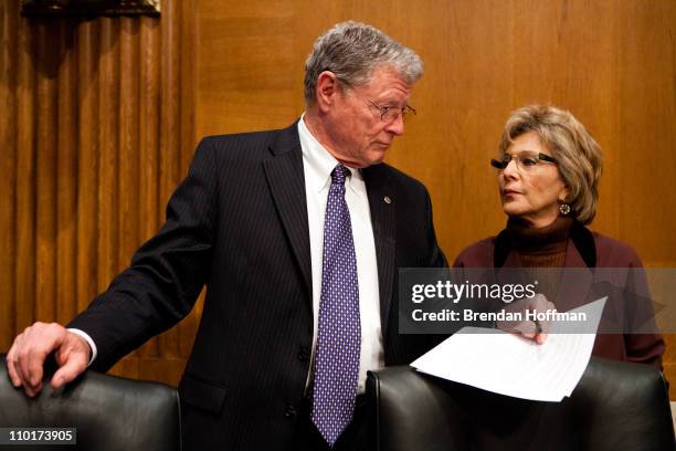 Sen. James Inhofe and Sen. Barbara Boxer talk before a hearing on Capitol Hill on March 16, 2011 in Washington, DC. The commission issued its report...