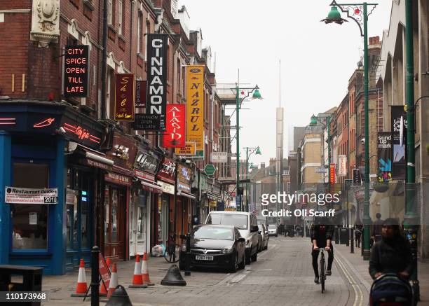 General view of Brick Lane, which is synonymous with curry restaurants, on March 16, 2011 in London, England. From April 2011 the Government has...