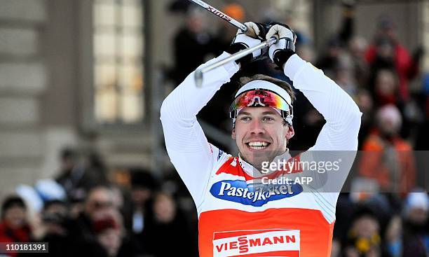 Sweden's Emil Joensson reacts after winning the men's World Cup Royal Palace Sprint in Stockholm on March 16, 2011. AFP PHOTO / ANDERS WIKLUND -...