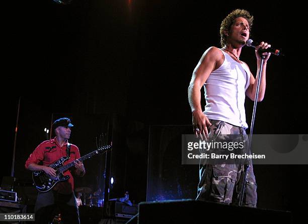 Tom Morello and Chris Cornell of Audioslave during Lollapalooza 2003 Tour Opening Night - Indianapolis at Verizon Wireless Music Center in...