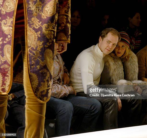 Charles Askegard and Candace Bushnell during Olympus Fashion Week Fall 2004 - Nicole Miller - Front Row at Studio Noir at Bryant Park in New York...
