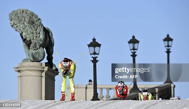 Slovenia's Petra Majdic speeds on the 'Lions hill' during the women's World Cup Royal Palace Sprint in Stockholm, Sweden, on March 16, 2011. AFP...