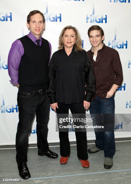 Stephen Kunken, Kathleen Turner, and Evan Jonigkeit attend the "High" Broadway cast photocall at Ripley Grier Rehearsal Studio on March 16, 2011 in...