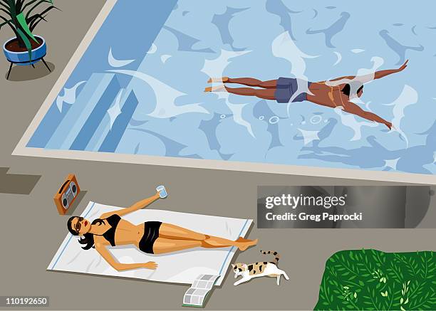 woman sunbathing beside swimming pool - animal lying on back stock illustrations