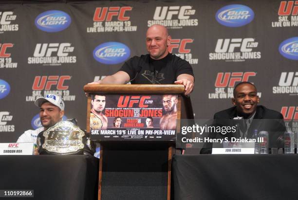 Light Heavyweight Champion Mauricio 'Shogun' Rua, UFC President Dana White and UFC Light Heavyweight Jon 'Bones' Jones attend the UFC 128 Press...