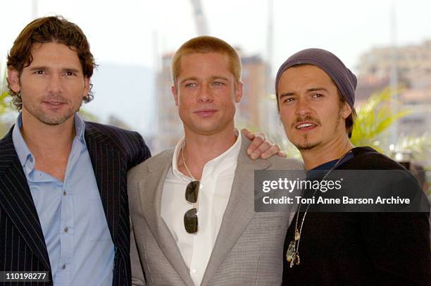 Eric Bana, Orlando Bloom and Brad Pitt during 2004 Cannes Film Festival - "Troy" Photocall at Palais Du Festival in Cannes, France.