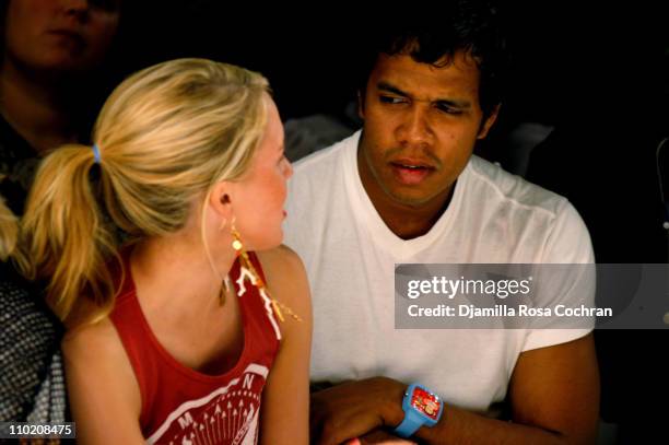 Daisy Johnson and Johnny Nunez during Olympus Fashion Week Spring 2005 - Fusha - Front Row and Backstage at The Bryant, Bryant Park in New York City,...