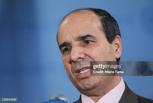 Ibrahim Dabbashi, Libya's deputy ambassador to the United Nations, speaks to the media outside a U.N. Security Council meeting on the situation in...