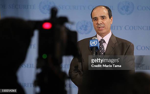 Ibrahim Dabbashi, Libyas deputy ambassador to the United Nations, speaks to the media outside a U.N. Security Council meeting on the situation in...