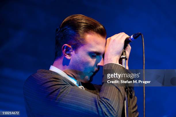 Theo Hutchcraft of Hurts performs on stage at Tonhalle on March 16, 2011 in Munich, Germany.
