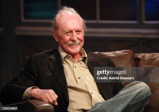 Host Mark Hoppus talks with Butch Trucks of The Allman Brothers Band during a taping of 'Hoppus on Music' at fuse Studios on March 16, 2011 in New...