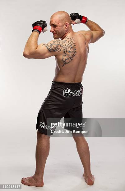 Joe Doerksen poses for a portrait backstage after defeating Tom Lawlor at UFC 113 on May 8, 2010 in Montreal, Quebec, Canada.