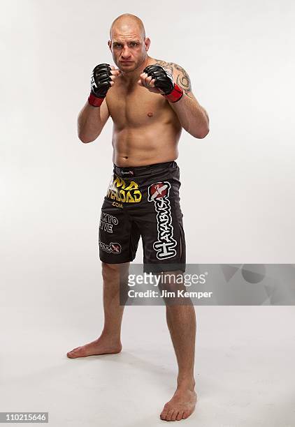 Joe Doerksen poses for a portrait backstage after defeating Tom Lawlor at UFC 113 on May 8, 2010 in Montreal, Quebec, Canada.
