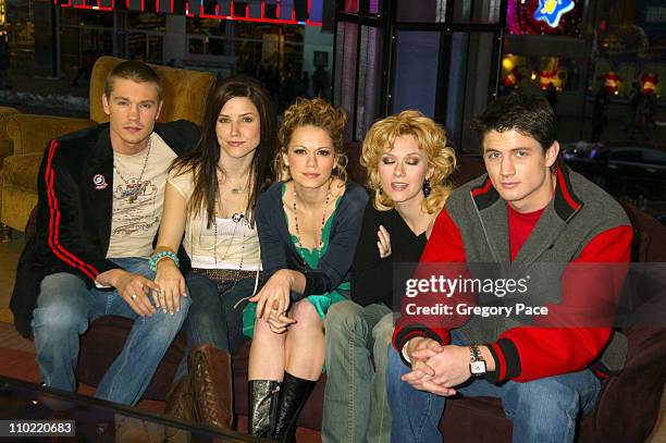 Chad Michael Murray, Sophia Bush, Bethany Joy Lenz, Hilarie Burton and James Lafferty of "One Tree Hill" on the set of "TRL"