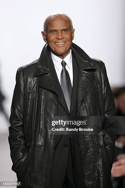 Harry Belafonte wearing Kenneth Cole Fall 2005 during Olympus Fashion Week Fall 2005 - Kenneth Cole - Runway at The Tent, Bryant Park in New York...