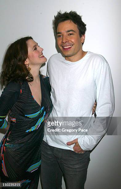 Drew Barrymore and Jimmy Fallon during Drew Barrymore and Jimmy Fallon Visit MTV's "TRL" - April 5, 2005 at MTV Studios - Times Square in New York...