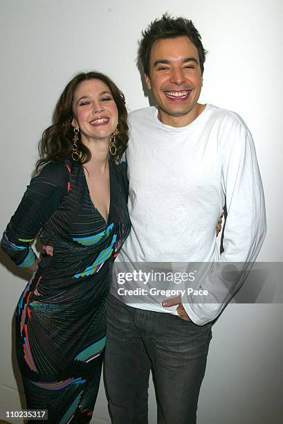 Drew Barrymore and Jimmy Fallon during Drew Barrymore and Jimmy Fallon Visit MTV's "TRL" - April 5, 2005 at MTV Studios - Times Square in New York...