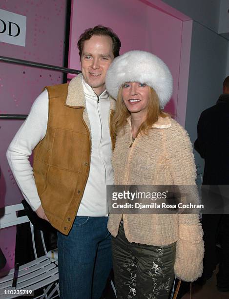 Charles Askegard and Candace Bushnell during Olympus Fashion Week Fall 2005 - Diane Von Furstenberg - Backstage and Front Row at 389 West 12th Str in...