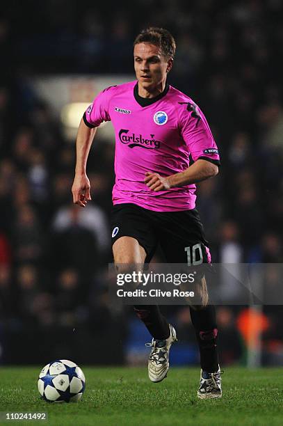 Jesper Gronkjaer of FC Copenhagen runs with the ball during the UEFA Champions League round of sixteen second leg match between Chelsea and FC...