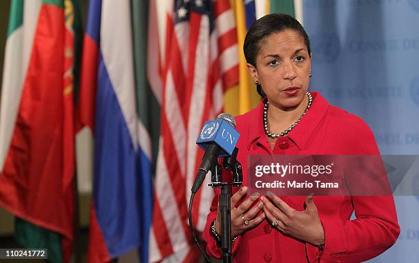 Ambassador to the United Nations Susan Rice speaks to the media after a U.N. Security Council meeting on the situation in Libya March 16, 2011 in New...