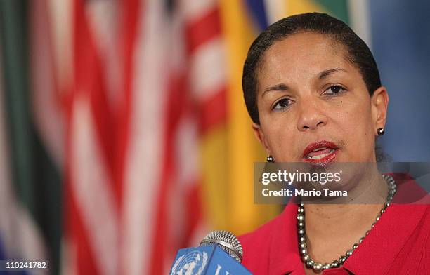 Ambassador to the United Nations Susan Rice speaks to the media after a U.N. Security Council meeting on the situation in Libya March 16, 2011 in New...
