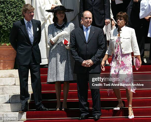 Prince Albert II of Monaco and his family departure after the Mass Ernst August of Hanover, Princess Caroline of Hanover and Princess Stephanie of...