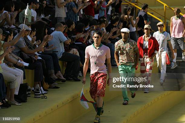 Models wearing V. Rom Spring/Summer 2006 during Sao Paulo Fashion Week Spring/Summer 2006 - V. Rom - Runway at Estadio Municipal in Sao Paulo, Brazil.