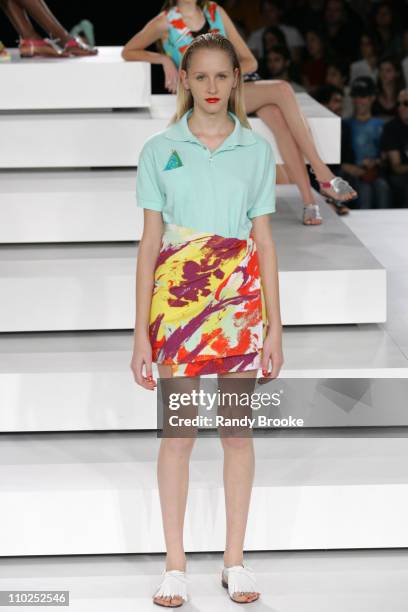 Model wearing Neon Spring/Summer 2006 during Sao Paulo Fashion Week Spring/Summer 2006 - Neon - Runway at Museum of Modern Art in Sao Paulo, Brazil.